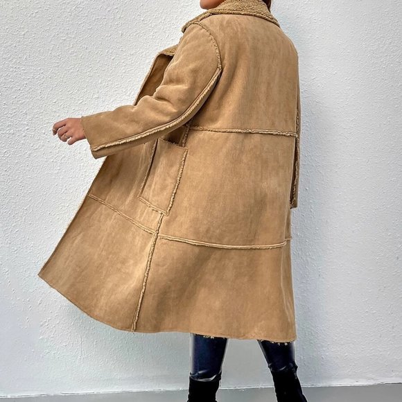 Reg or Plus Size camel Double Breasted Teddy lined faux suede Coat Jacket fall - Picture 8 of 11